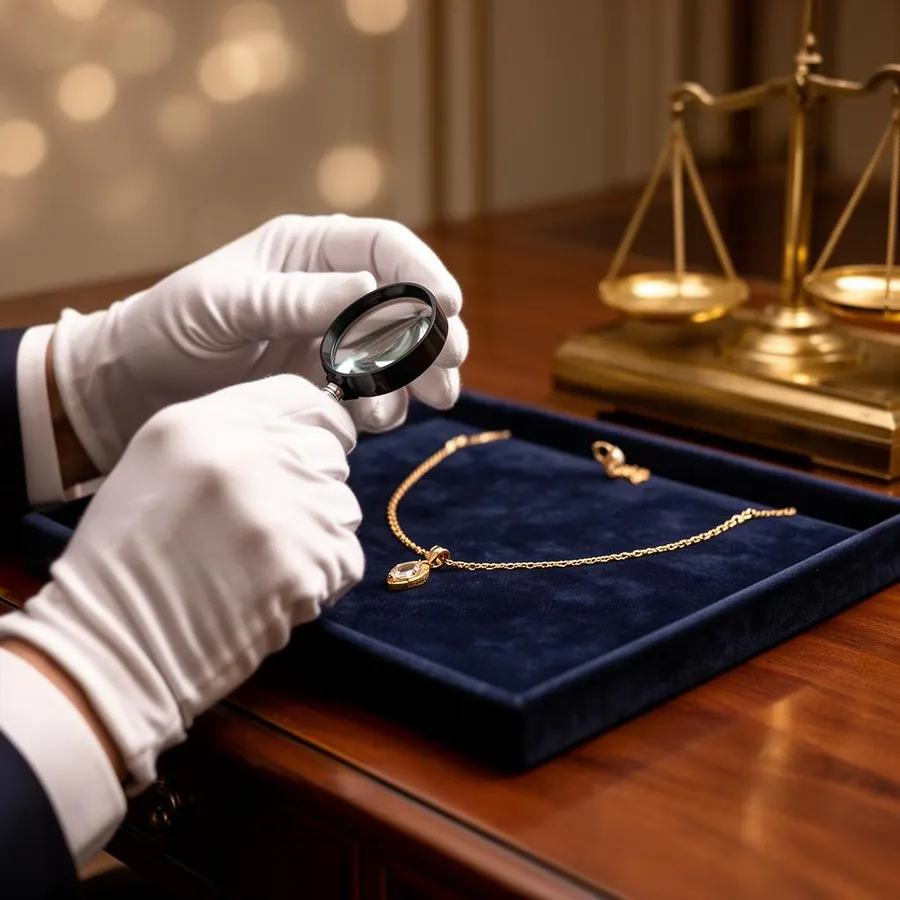 Taxateur beoordeelt gouden ketting met loep en weegschaal voor klant uit Geldrop